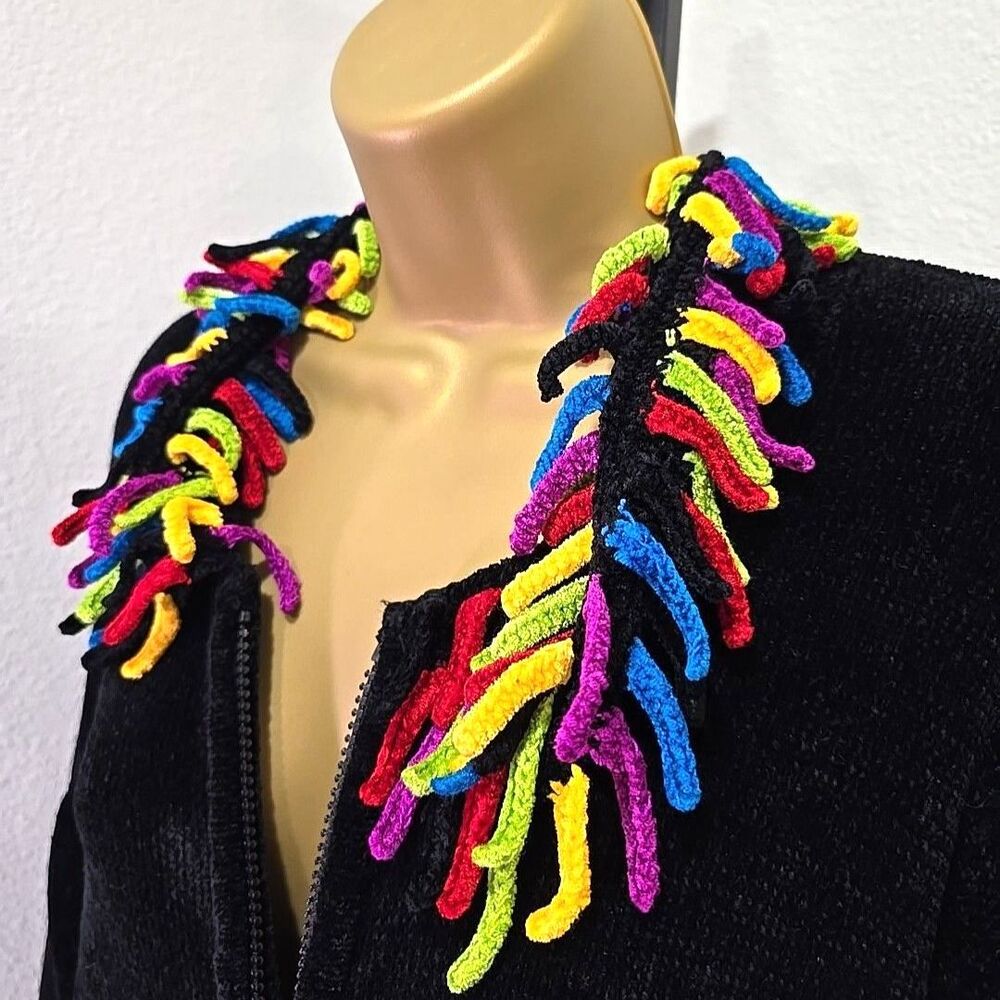 Chenille Full Zip Cardigan Sweater Womens Sz 1X Black Rainbow Fringe Cozy Comfy